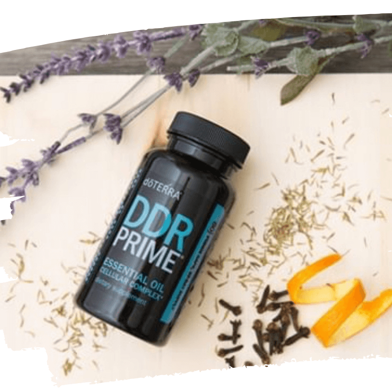 Osteria DDR Prime essential oil bottle on a decorative background with lavender and orange peel.