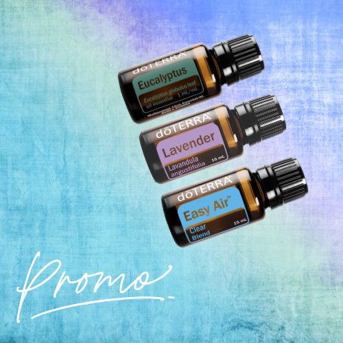 Three doTERRA essential oil bottles on a blue textured background with 'Promo' text.