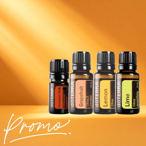 Four doTERRA essential oil bottles on an orange background with 'Promo' text.