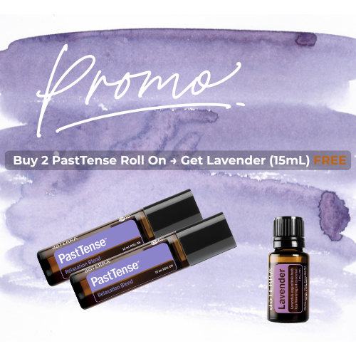 Promotional offer for doTERRA essential oils with two 'PastTense' roll-ons and a 'Lavender' bottle on a purple watercolor background.