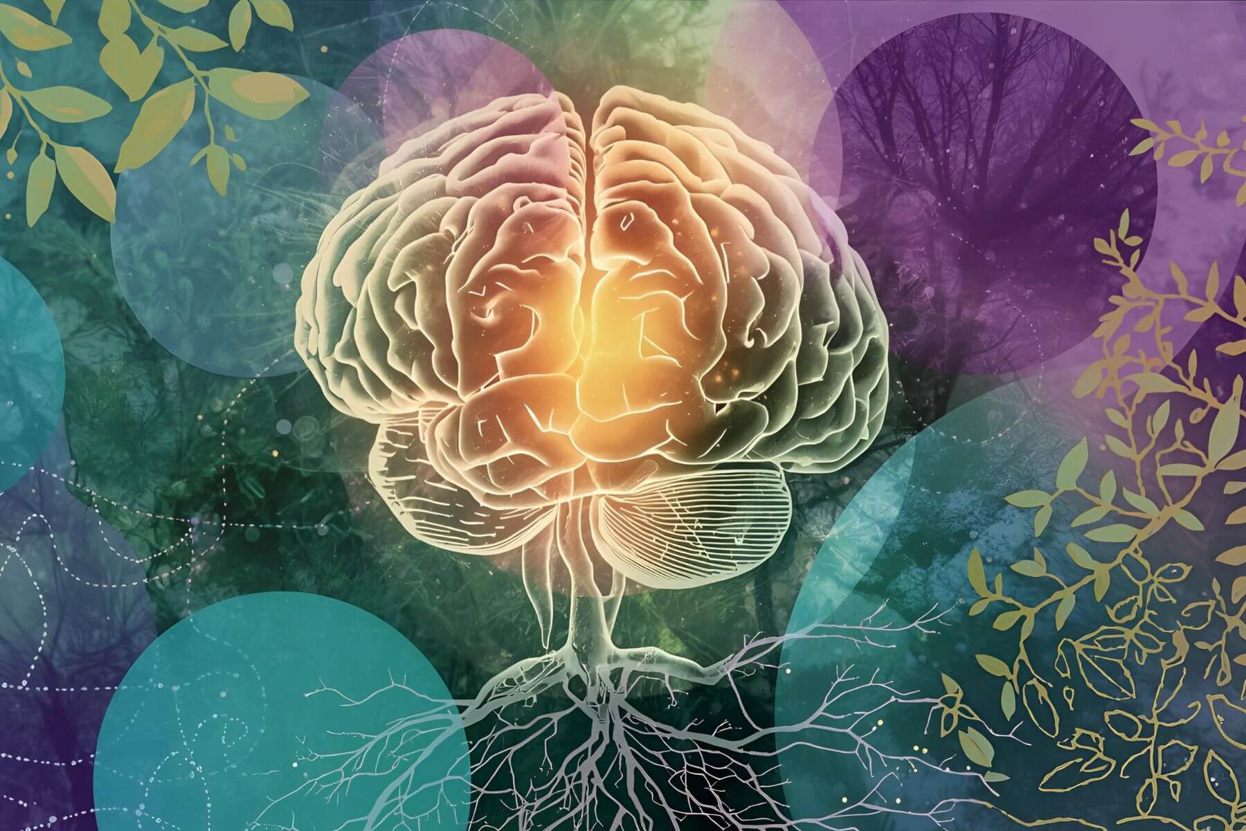 Colorful illustration of a brain with roots against a nature-themed background