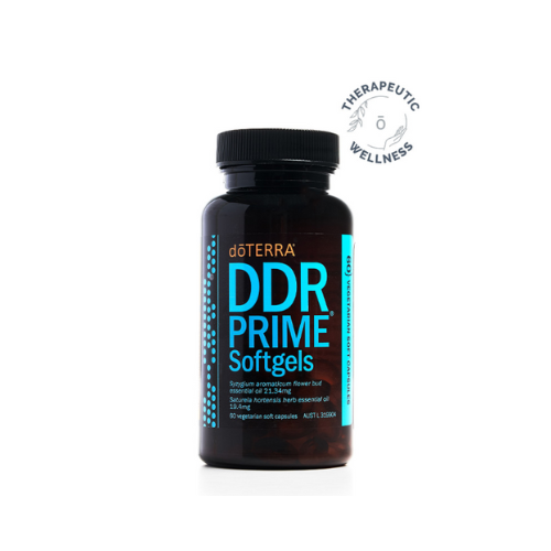 Bottle of doTERRA DDR Prime Softgels on a white background