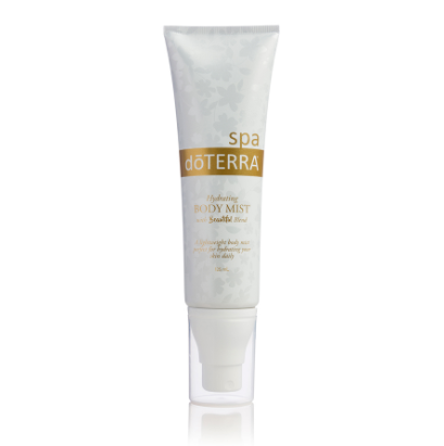 A doTERRA Spa Hydrating Body Mist in a white spray bottle with a floral pattern design.