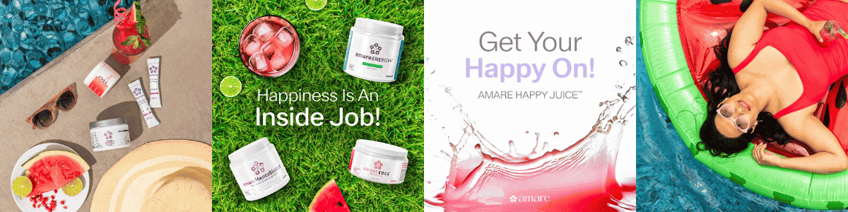 A collection of bright happy images all showcasing Amare Happy Juice and natural healthy wellness.