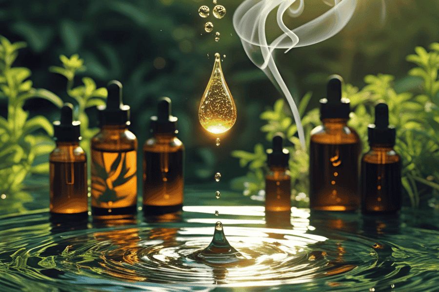 Dark glass bottles in water with ripples and a golden drop – Symbolizing quality, purity, and premium wellness products