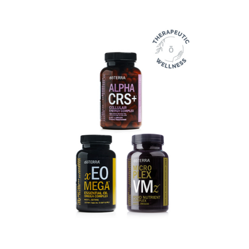 Four bottles of dterra supplements on a white background with 'Therapeutic Wellness' logo.