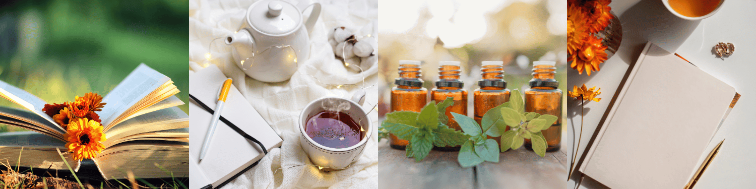 Collage of images including a book with flowers, a teacup and teapot, bottles of tea, and a cup with flowers.