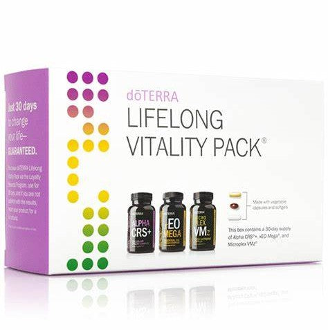 doTERRA Lifelong Vitality Pack packaging with bottles on a white background