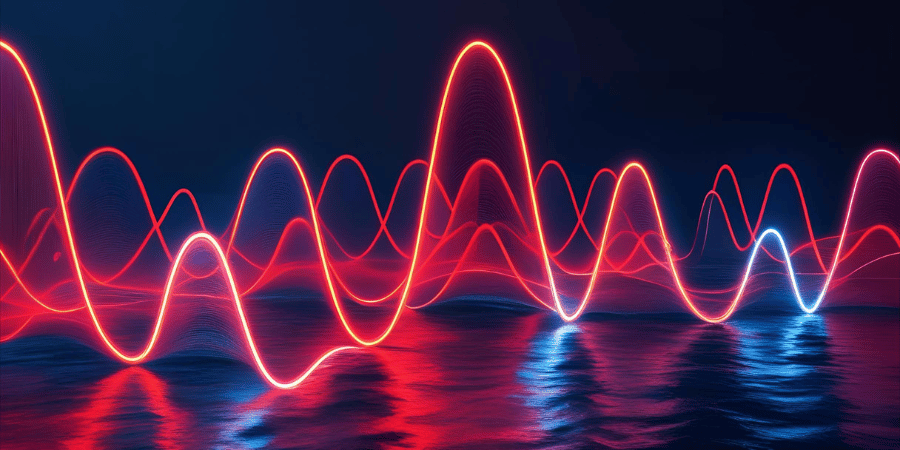 Neon wave patterns on a reflective surface with a dark background