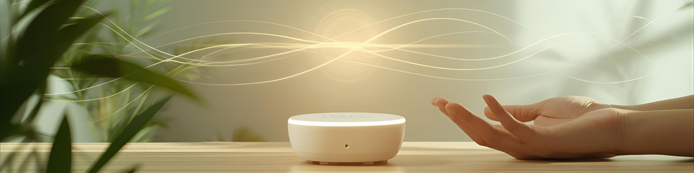 Hand reaching towards a white bowl on a wooden surface with a blurred background