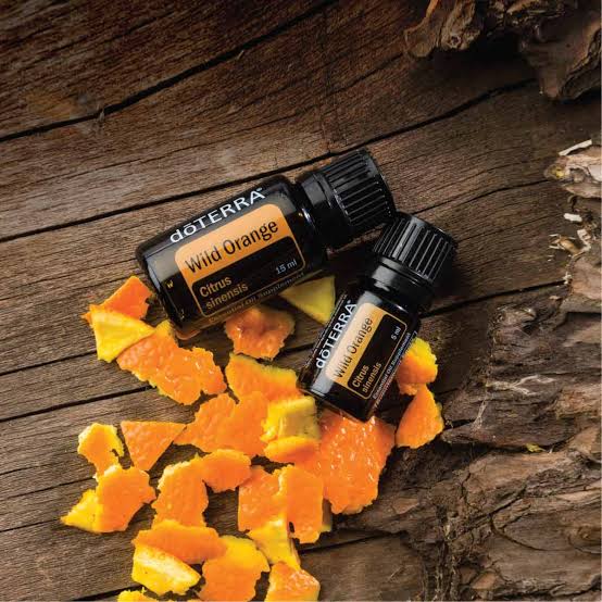 doTERRA Wild Orange essential oil bottles on a wooden surface with orange peels.