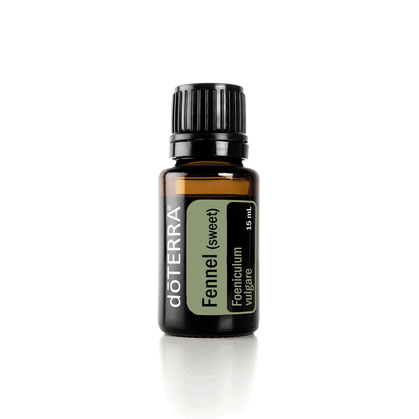 A bottle of doTERRA Sweet Fennel essential oil with a green label on a white background.