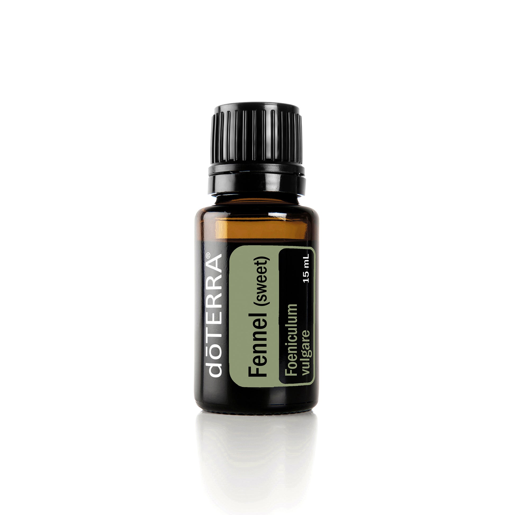 A bottle of doTERRA Sweet Fennel essential oil with a green label on a white background.