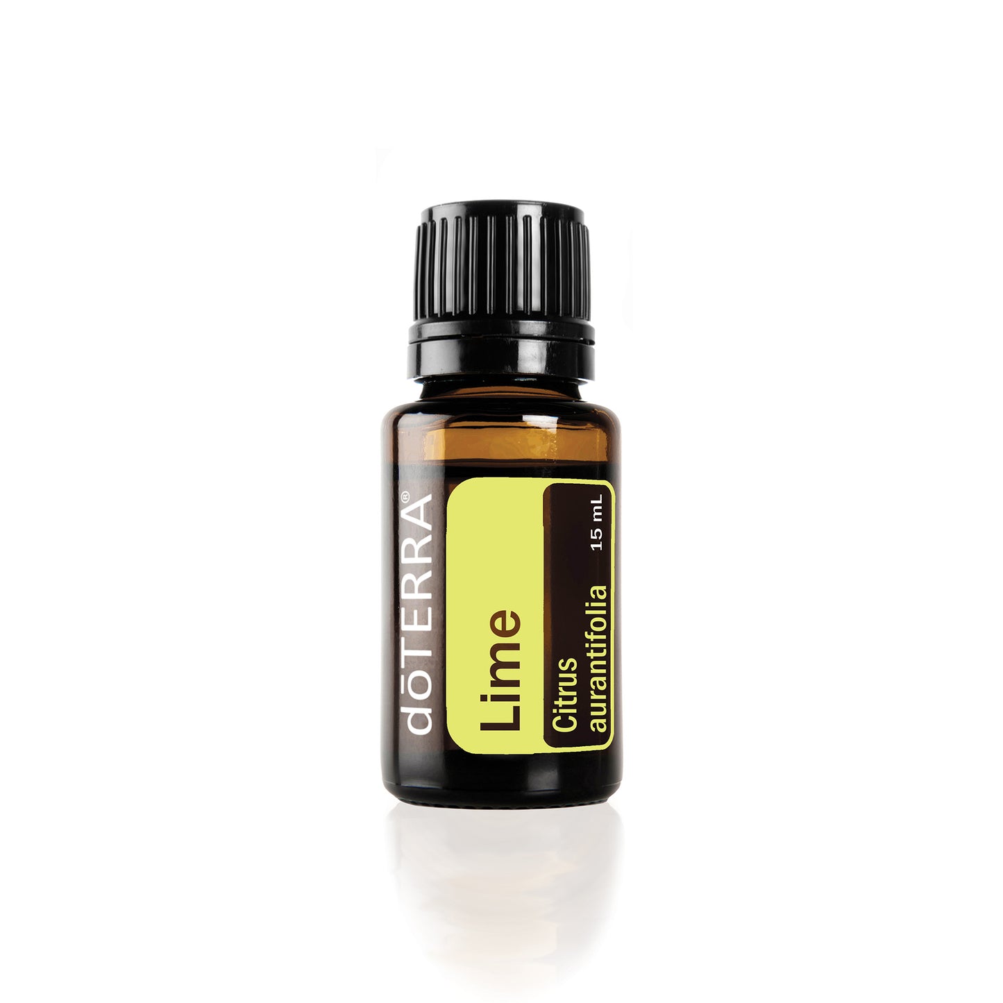 A bottle of doTERRA Lime essential oil, with a yellow label indicating the scent and brand.