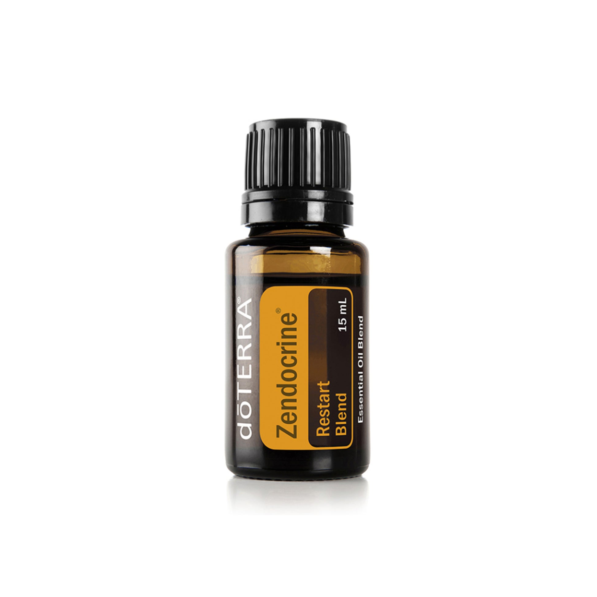 A bottle of doTERRA Zendocrine essential oil with a label showing the product name and the statement 'Elevate your well-being with Zendocrine.'.