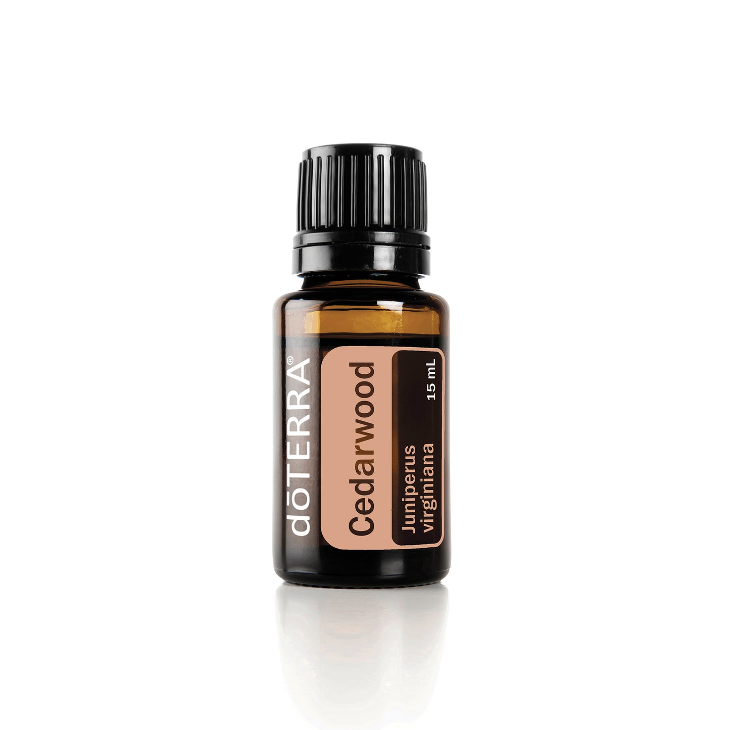 A bottle of doTERRA Cedarwood essential oil on a white background.