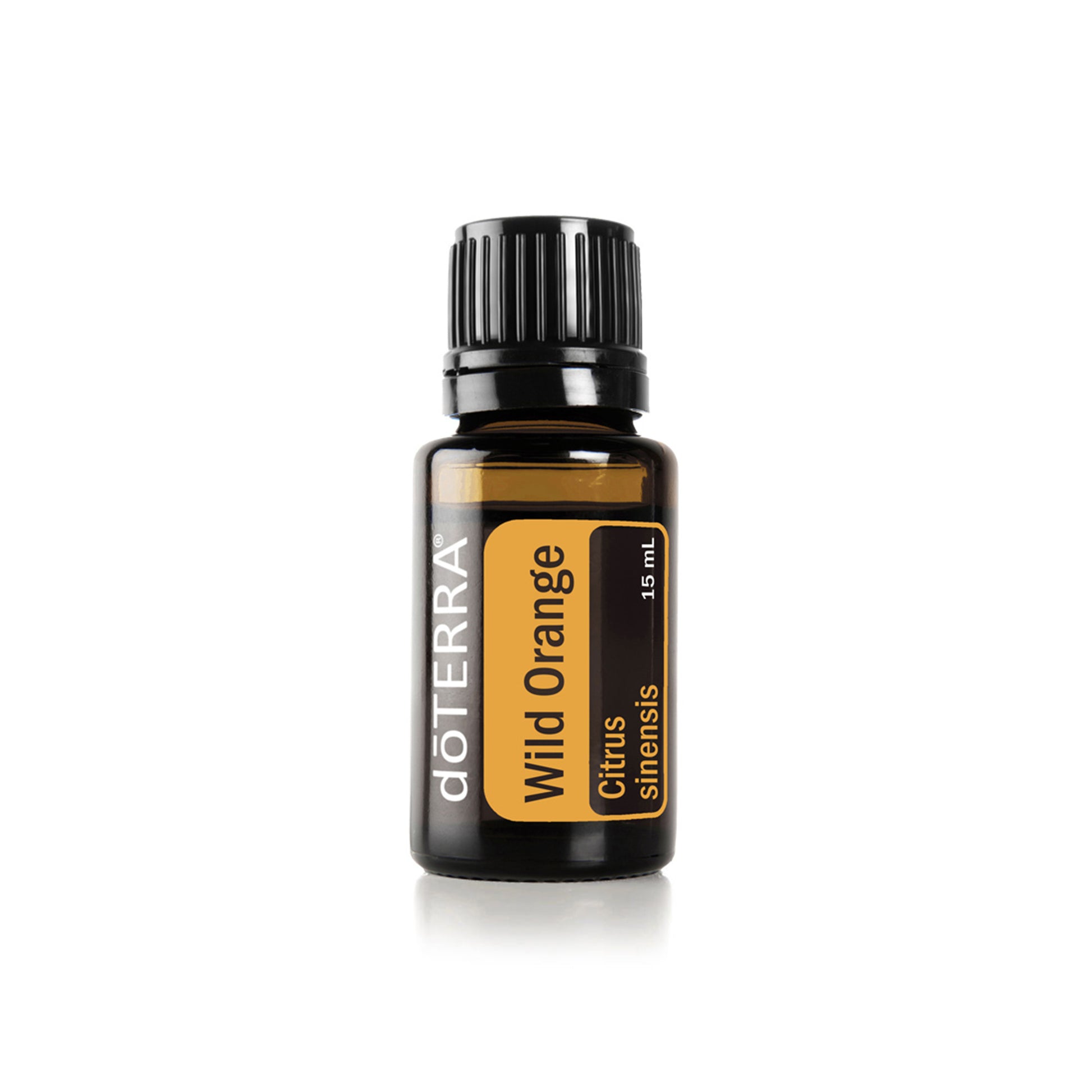 A bottle of doTERRA Wild Orange essential oil with a black cap and a label that includes the brand name and product title.