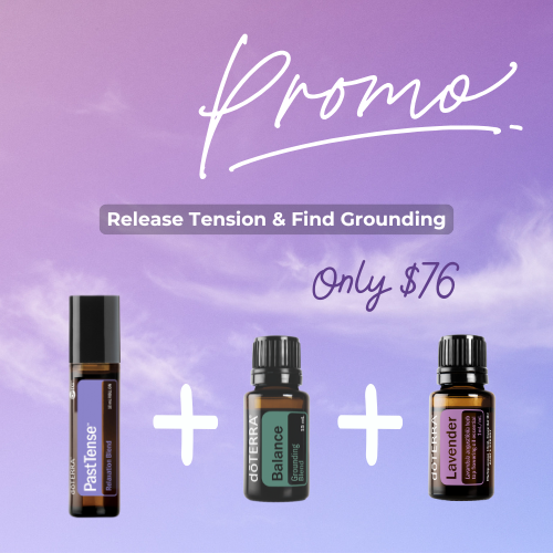 Three essential oil bottles with a promotional message on a purple background