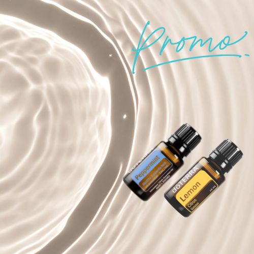 Two doTERRA essential oil bottles on a light background with 'Promo' text.