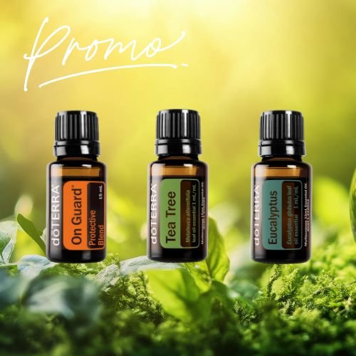 Three doTERRA essential oil bottles on a green background with 'Promo' text.