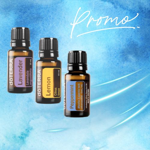 Three doTERRA essential oil bottles on a blue watercolor background with 'Promo' text.