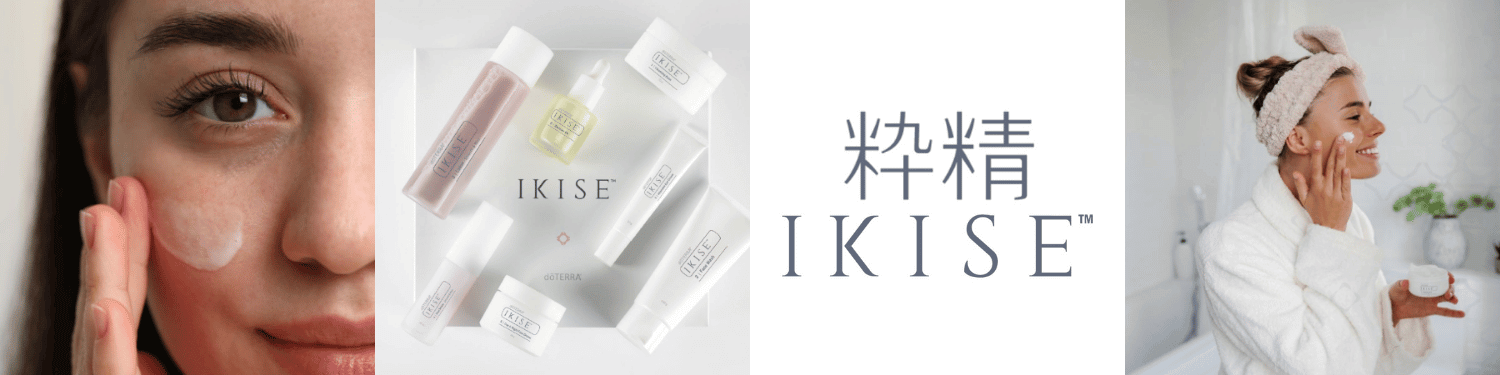 Advertisement for IKISE skincare products with a woman applying cream and product packaging.