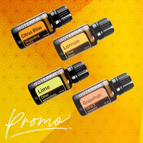 Four doTERRA essential oil bottles on a yellow geometric pattern background with 'Promo' text.
