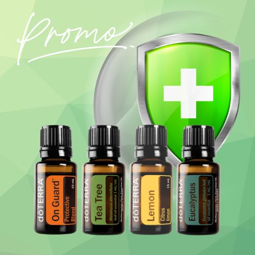 Four doTERRA essential oil bottles with a green shield and cross on a green background