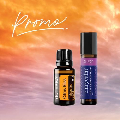 Two essential oil bottles, 'Citrus Bliss' and 'Clarycalm', on a gradient orange to purple background with 'Promo' text.