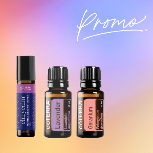 Three doTERRA essential oil bottles on a gradient background with 'Promo' text.