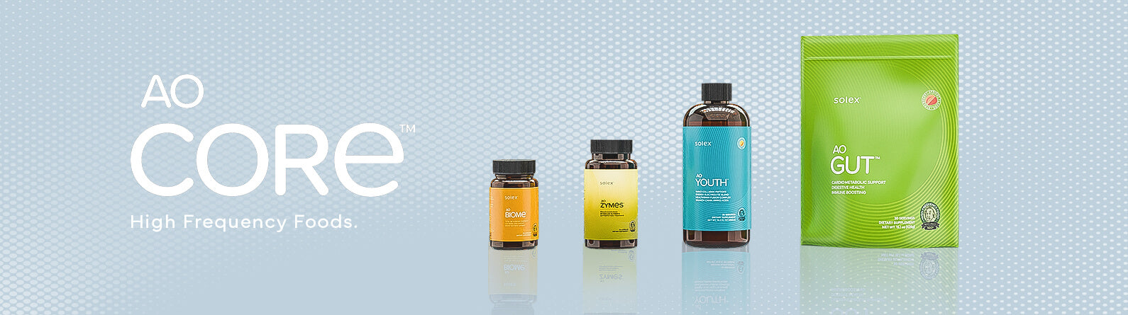 AO CORE high frequency foods products on a blue background