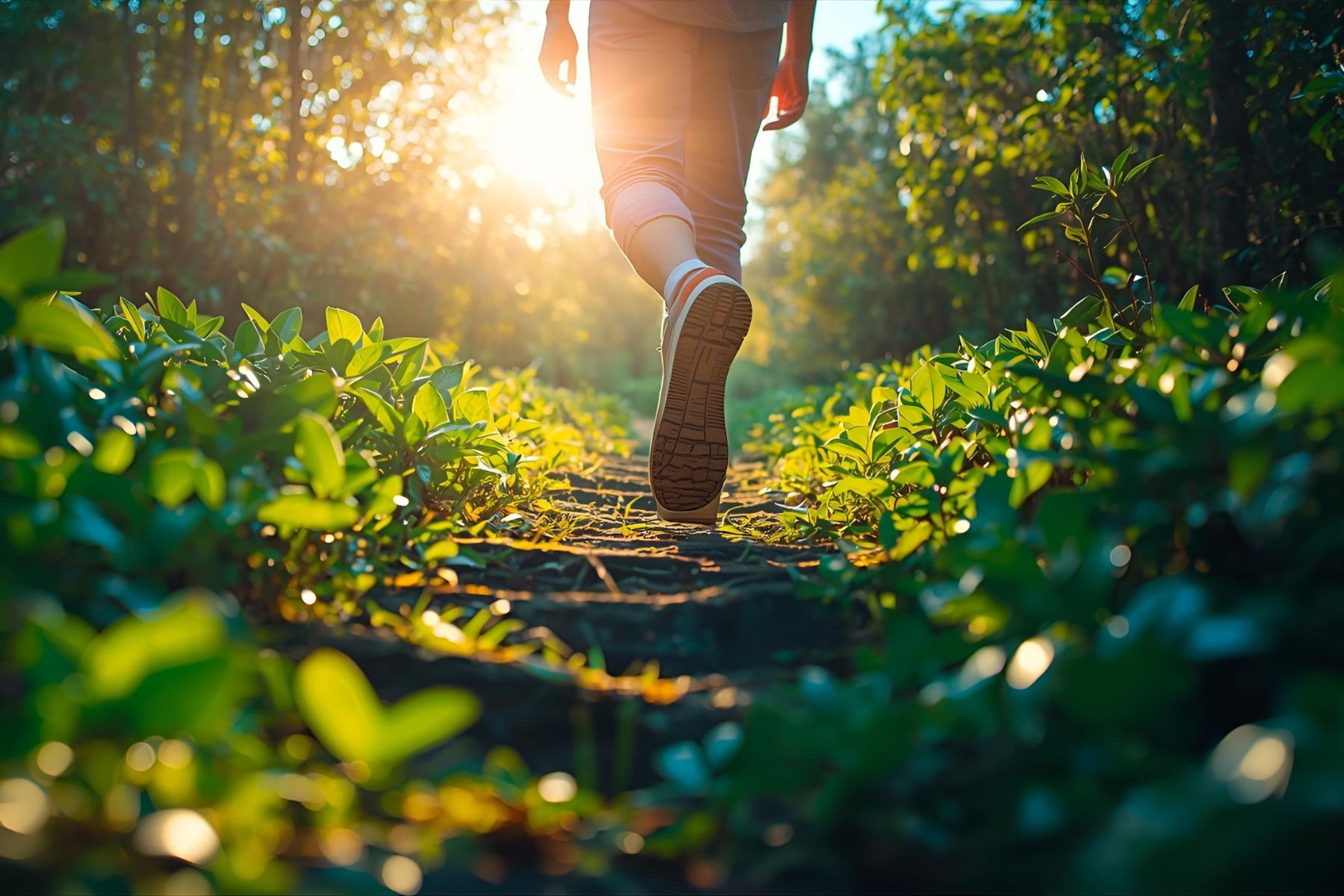 Person walking on a path surrounded by greenery with sunlight filtering through.