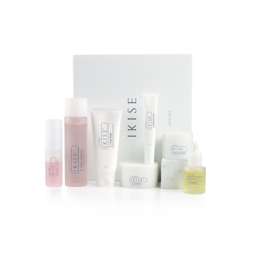 Set of skincare products with 'IKISE' branding on a white background
