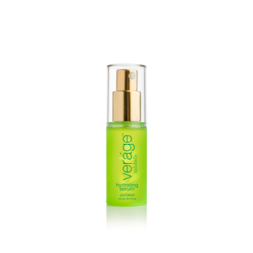 Green skincare serum bottle labeled doterra Verage with gold cap on a white background