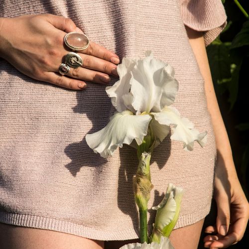 Flower over a woman's stomach and hand. Hormone balancing ritual – Essential oils for hormonal health and wellness