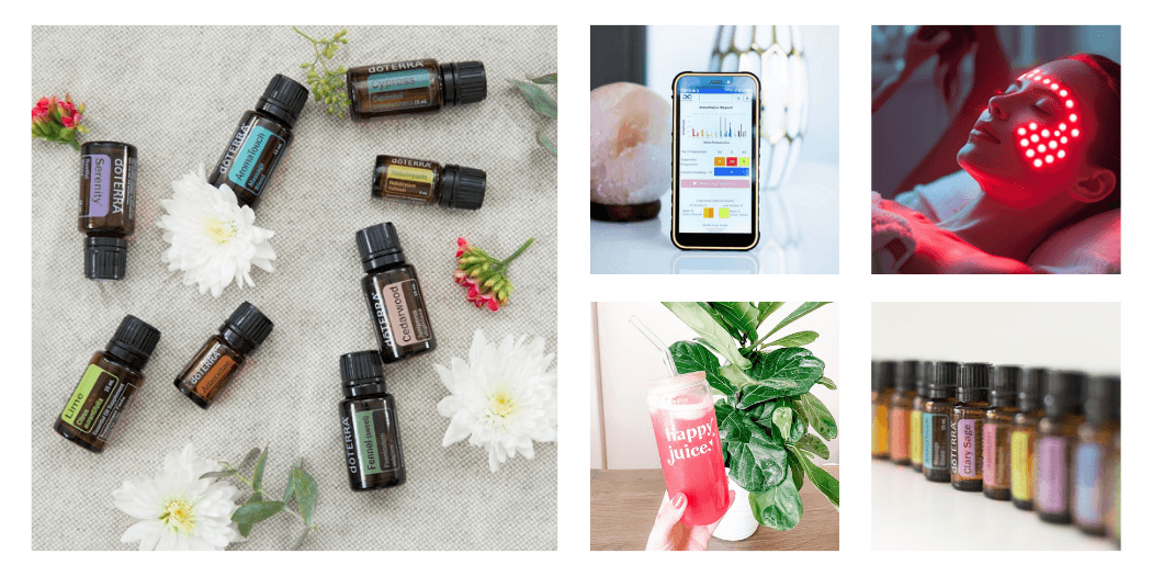 Collage of various products including essential oils, a phone with an app, a bottle of water, and a person receiving LED light therapy.