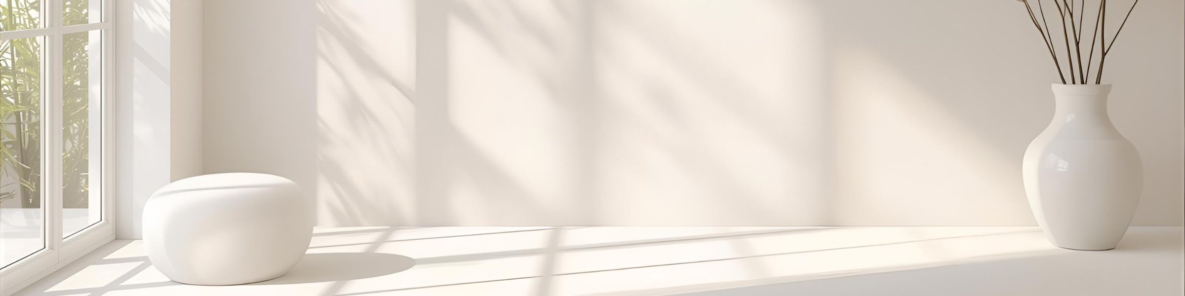 White vase on a windowsill with sunlight casting shadows