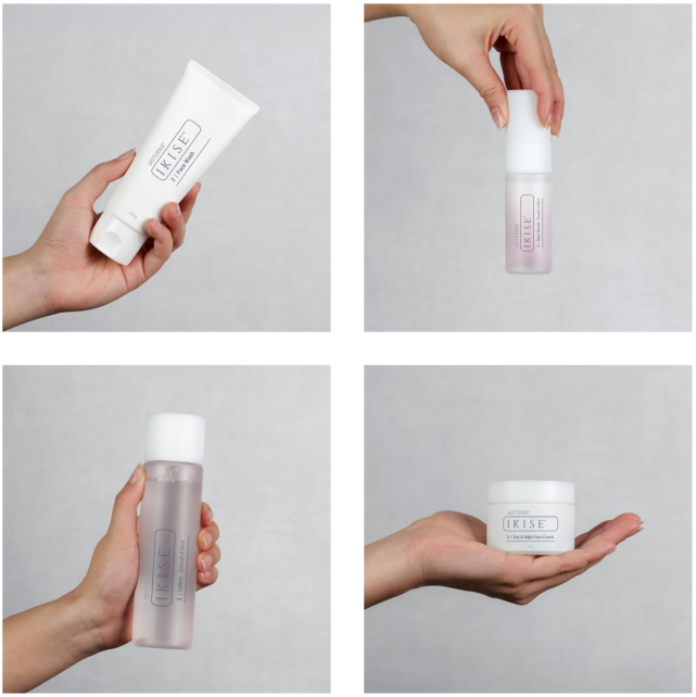 Four product images showing a bottle, tube, jar, and container held by hands against a gray background.