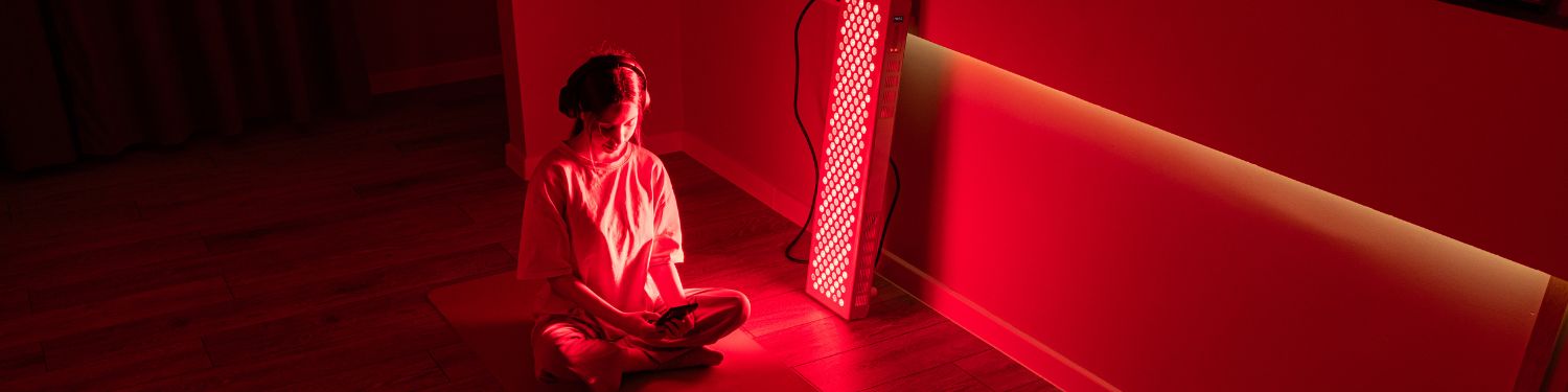 Person sitting in a dark room illuminated by red light