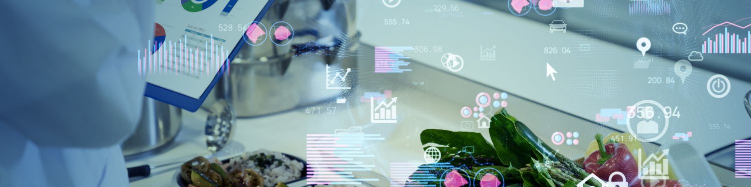 Person using a smartphone with a digital overlay of icons and graphics on a blurred background