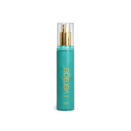 Teal bottle with gold pump labeled 'verage' on a white background