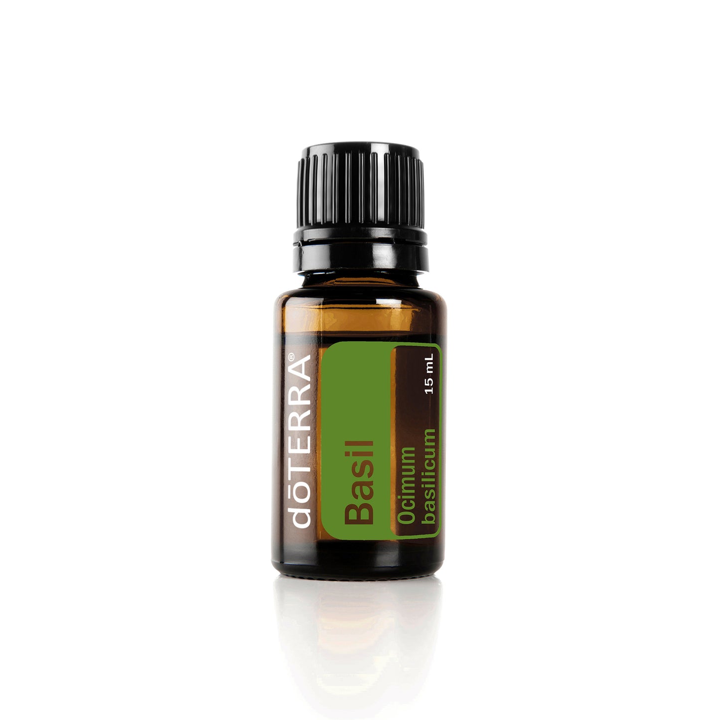 A bottle of doTERRA Basil essential oil with a green label indicating the scent and brand.