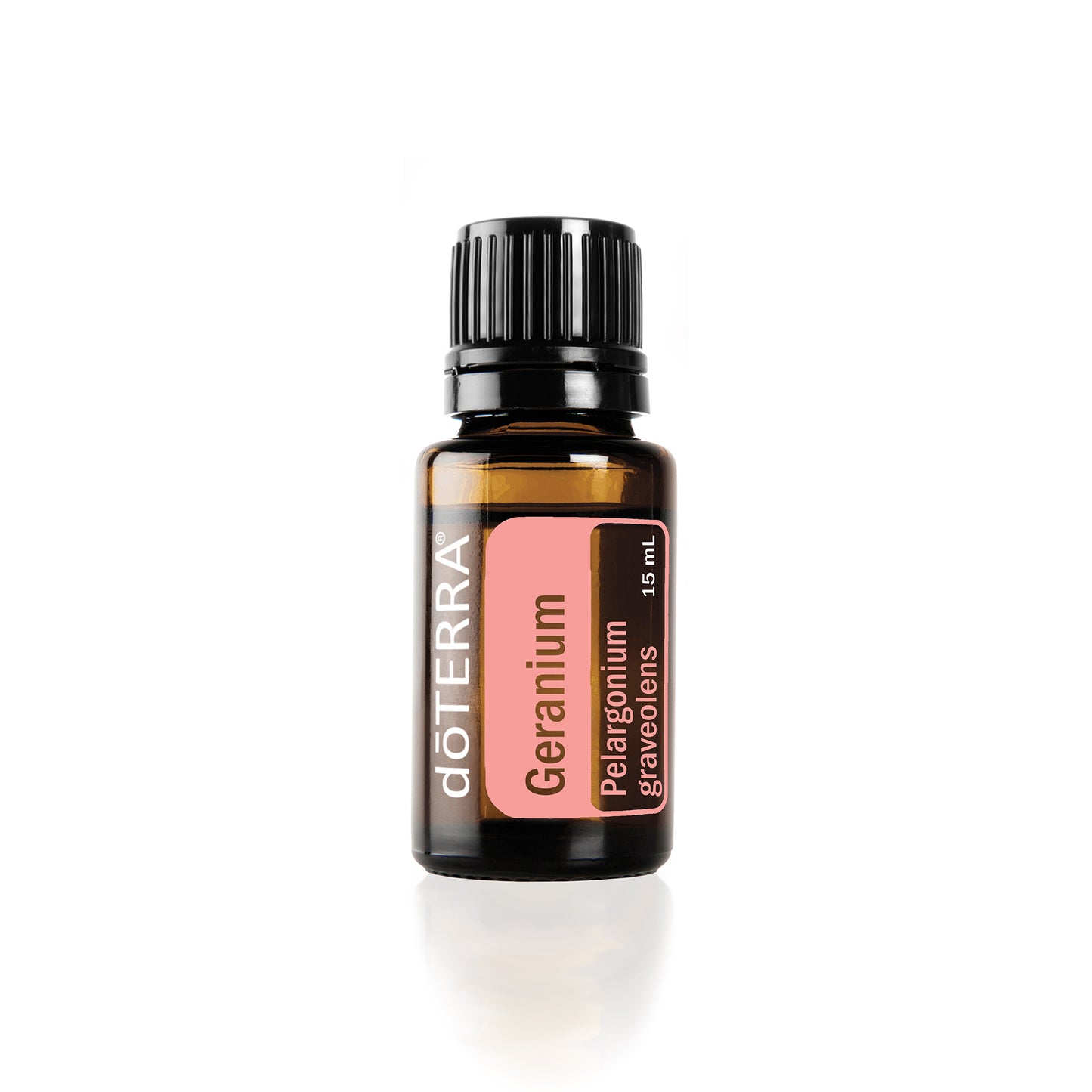 A bottle of doTERRA Geranium essential oil with a label showing the brand and product name.