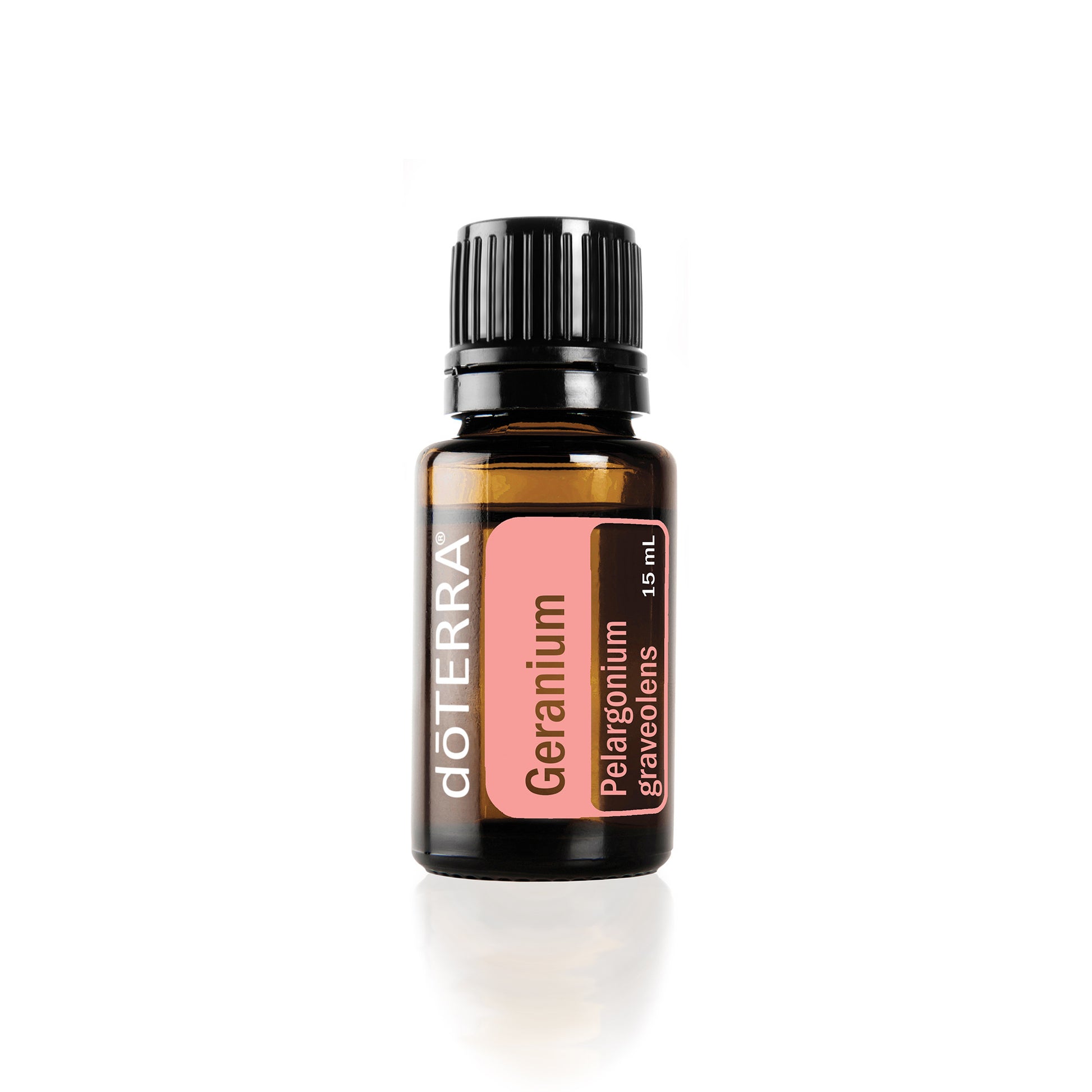 A bottle of doTERRA Geranium essential oil with a label showing the brand and product name.